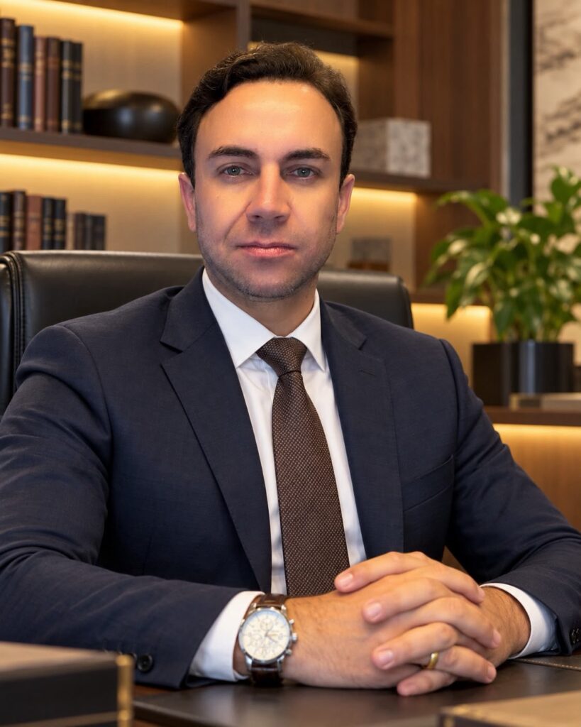 Dr. Silvio Lara Junior, advogado previdenciário, sentado à mesa do escritório